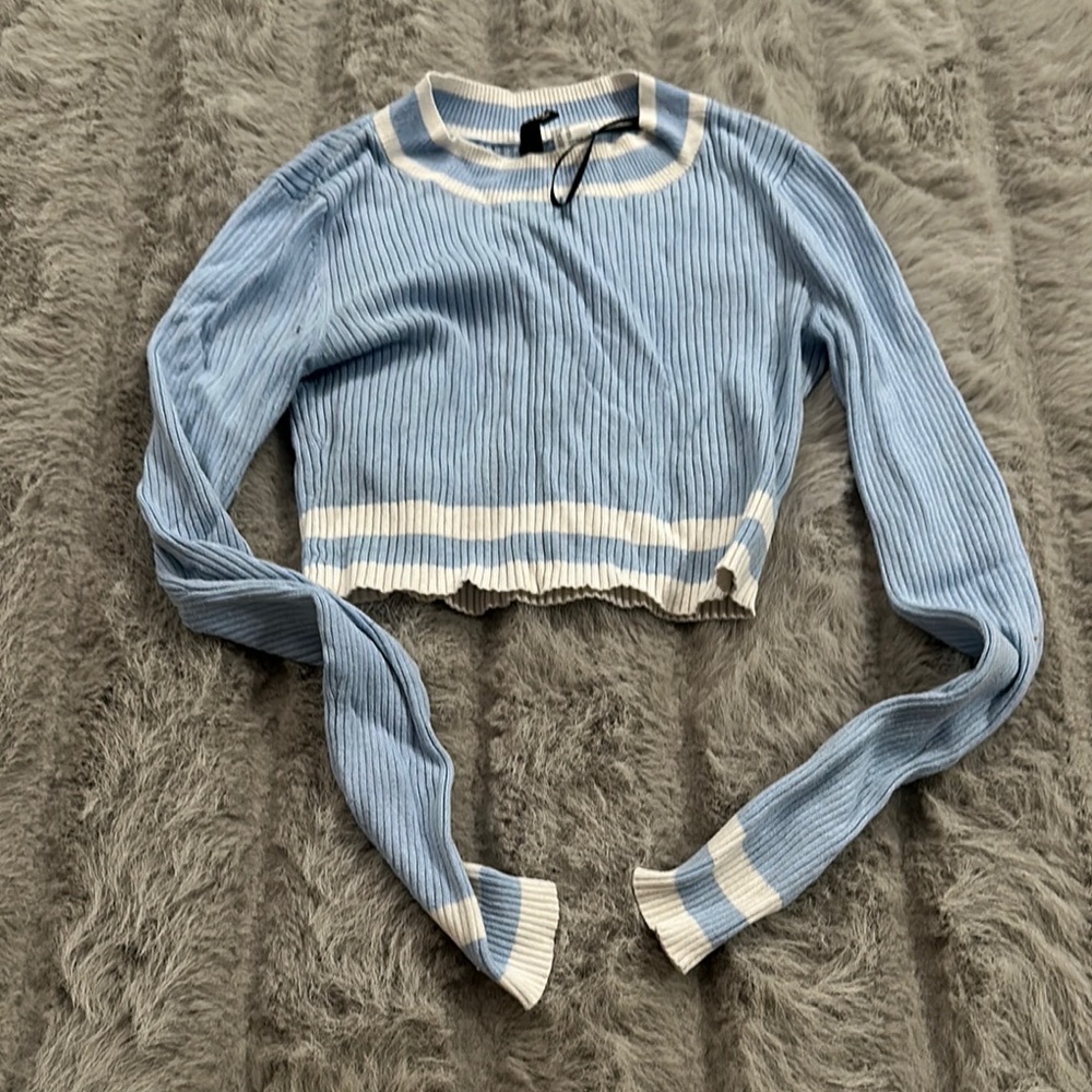 Blue and White Ribbed Women's Top